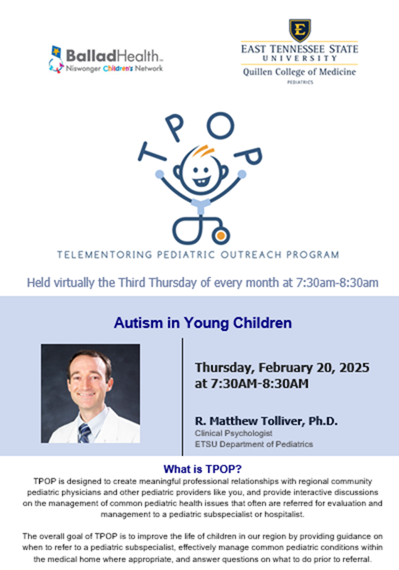 Telementoring Pediatric Outreach Program (TPOP) - Autism in Young Children 2/20/2025 Banner